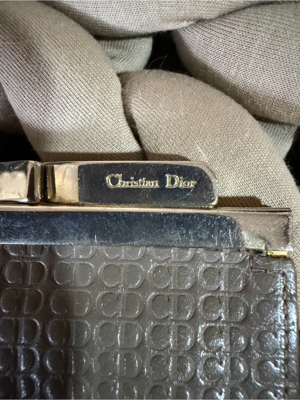 Dior Gray Embossed Leather Coin Purse with Silver-Tone Frame